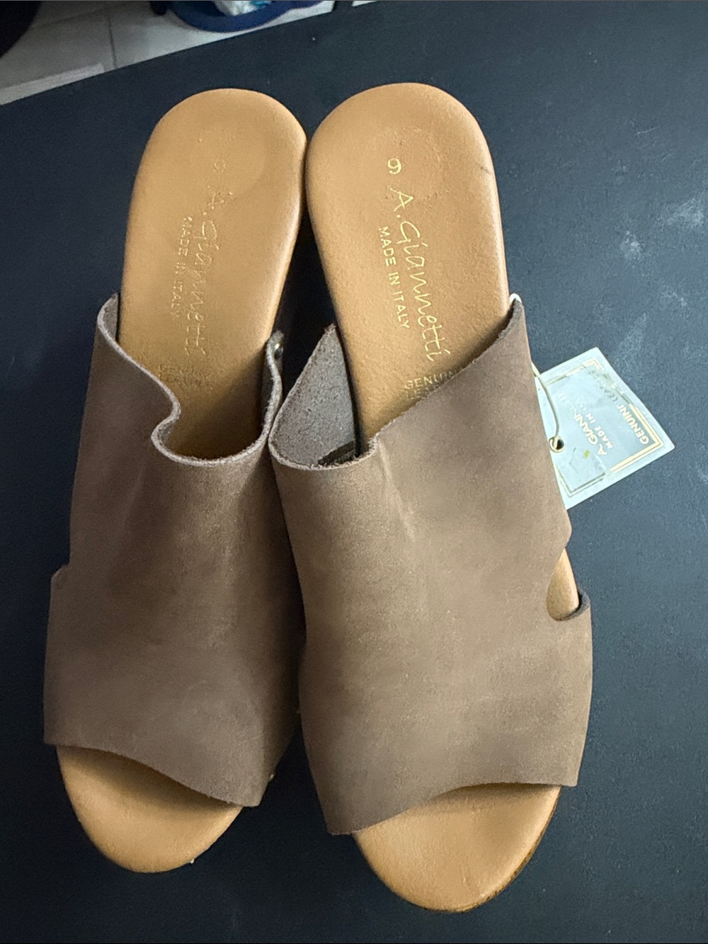 A. Giannetti Brown Suede Open-Toe Slide Mules